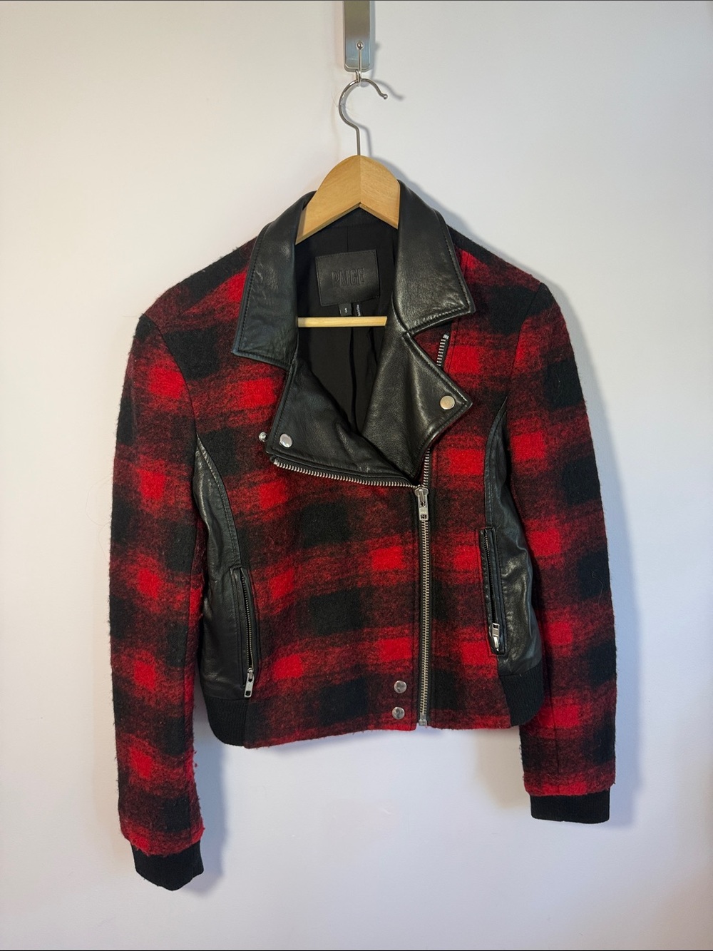 PAIGE Red & Black Plaid Leather-Trim Moto Jacket